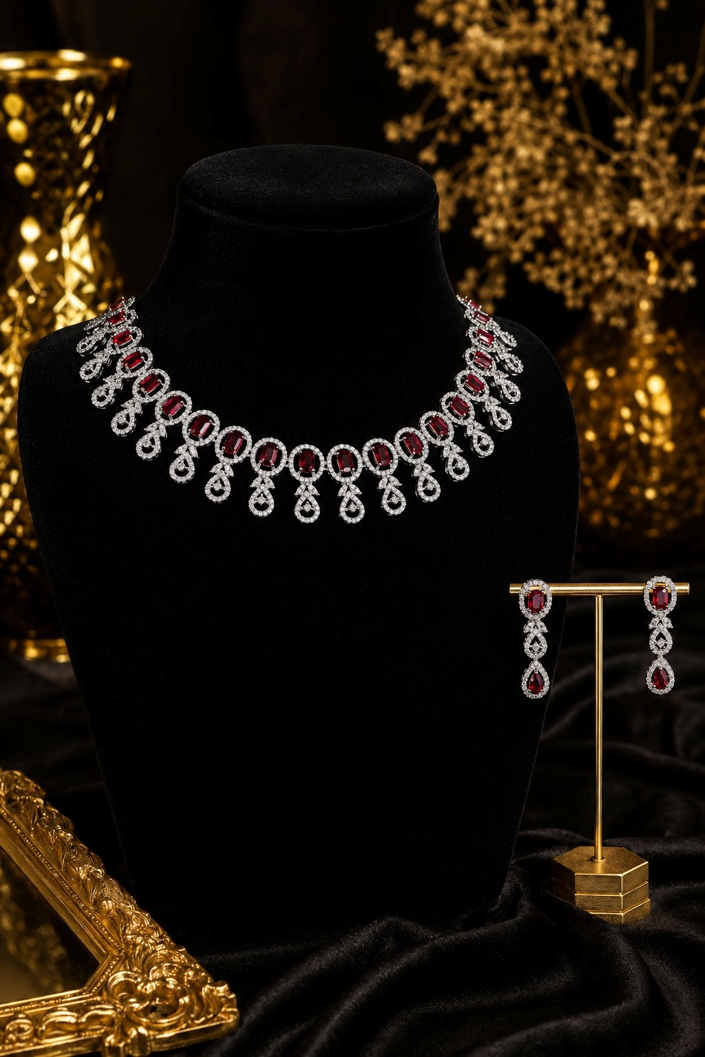 Jewel Wala American Diamond Rhodium Plated Red Stone Necklace Set - Image 3