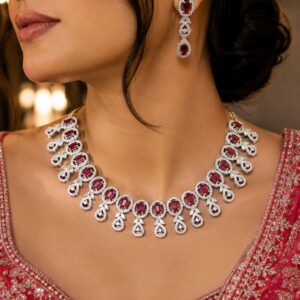 Jewel Wala American Diamond Rhodium Plated Red Stone Necklace Set