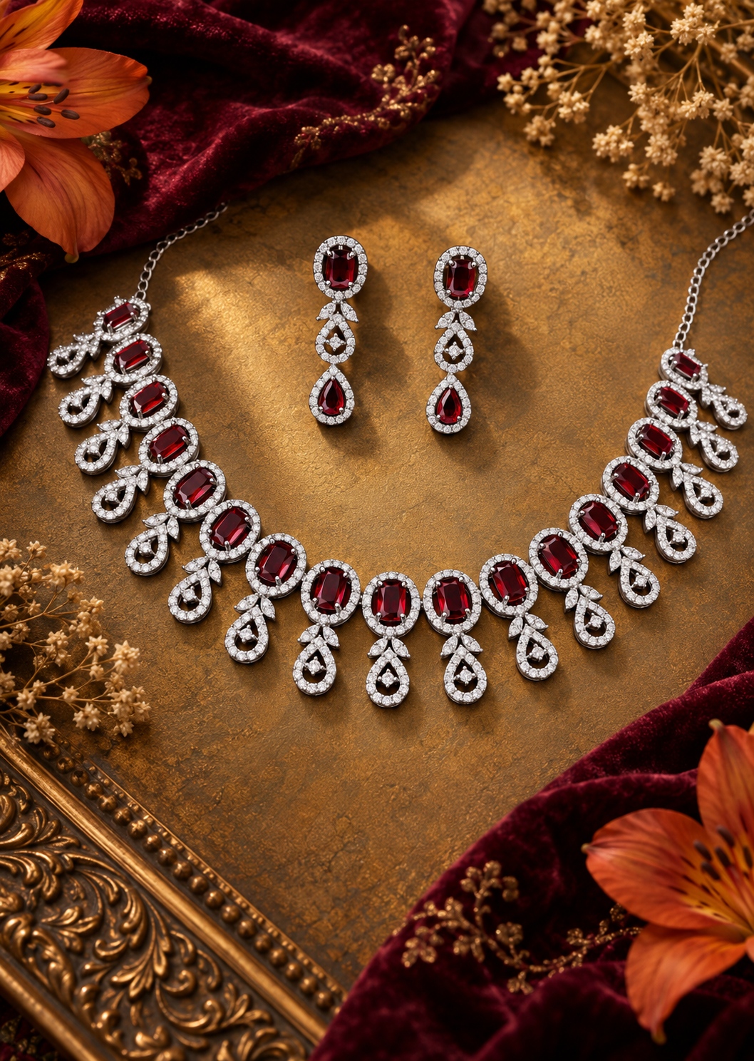 Jewel Wala American Diamond Rhodium Plated Red Stone Necklace Set - Image 2