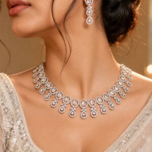 Jewel Wala American Diamond Rhodium Plated White Stone Necklace Set