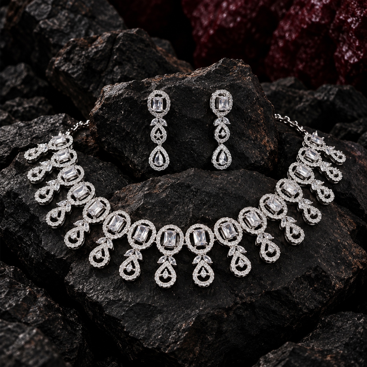 Jewel Wala American Diamond Rhodium Plated White Stone Necklace Set - Image 4