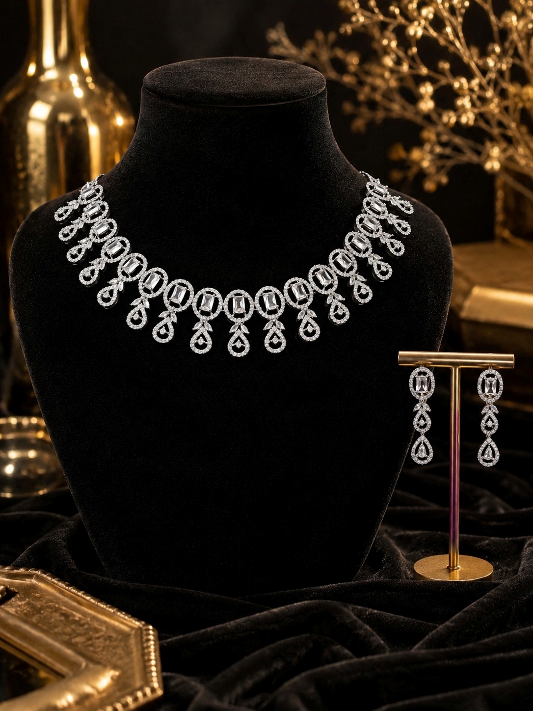 Jewel Wala American Diamond Rhodium Plated White Stone Necklace Set - Image 3