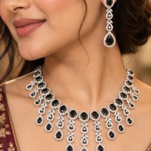 Jewel Wala American Diamond Rhodium Plated Black Stone Necklace Set