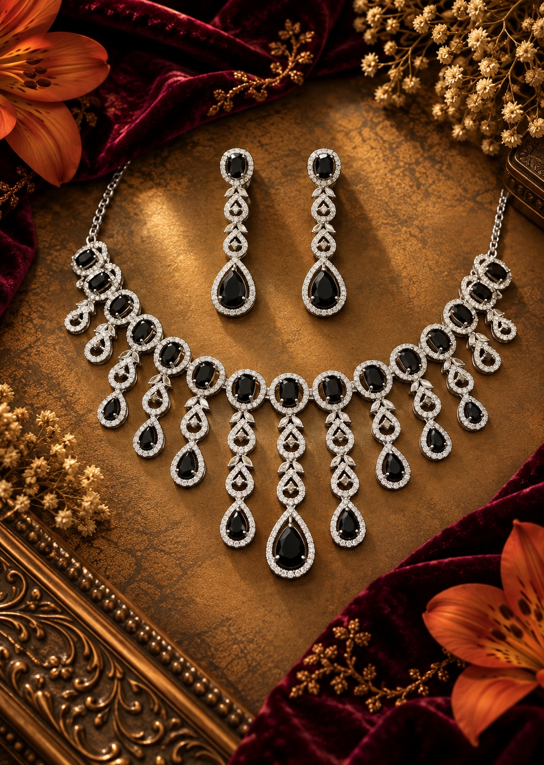 Jewel Wala American Diamond Rhodium Plated Black Stone Necklace Set - Image 2