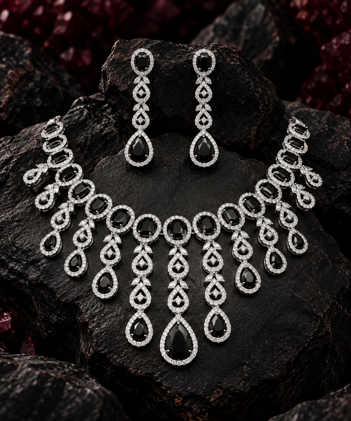 Jewel Wala American Diamond Rhodium Plated Black Stone Necklace Set - Image 3