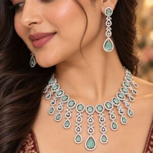 Jewel Wala American Diamond Rhodium Plated Mint Green Stone Necklace Set