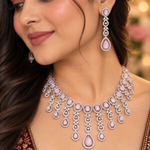 Jewel Wala American Diamond Rhodium Plated Pink Stone Necklace Set