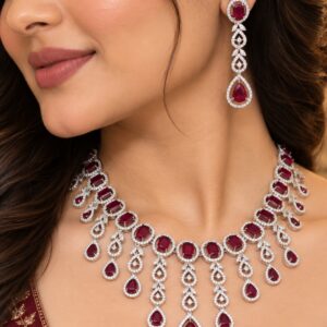 Jewel Wala American Diamond Rhodium Plated Red Stone Necklace Set