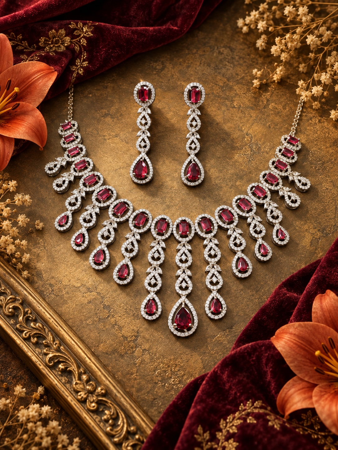 Jewel Wala American Diamond Rhodium Plated Red Stone Necklace Set - Image 2