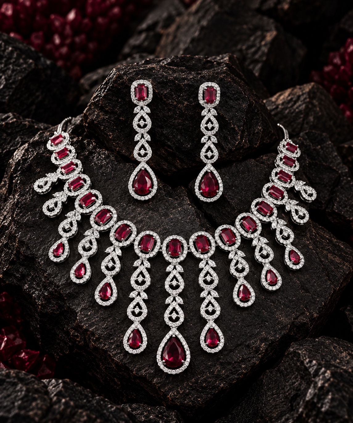 Jewel Wala American Diamond Rhodium Plated Red Stone Necklace Set - Image 3