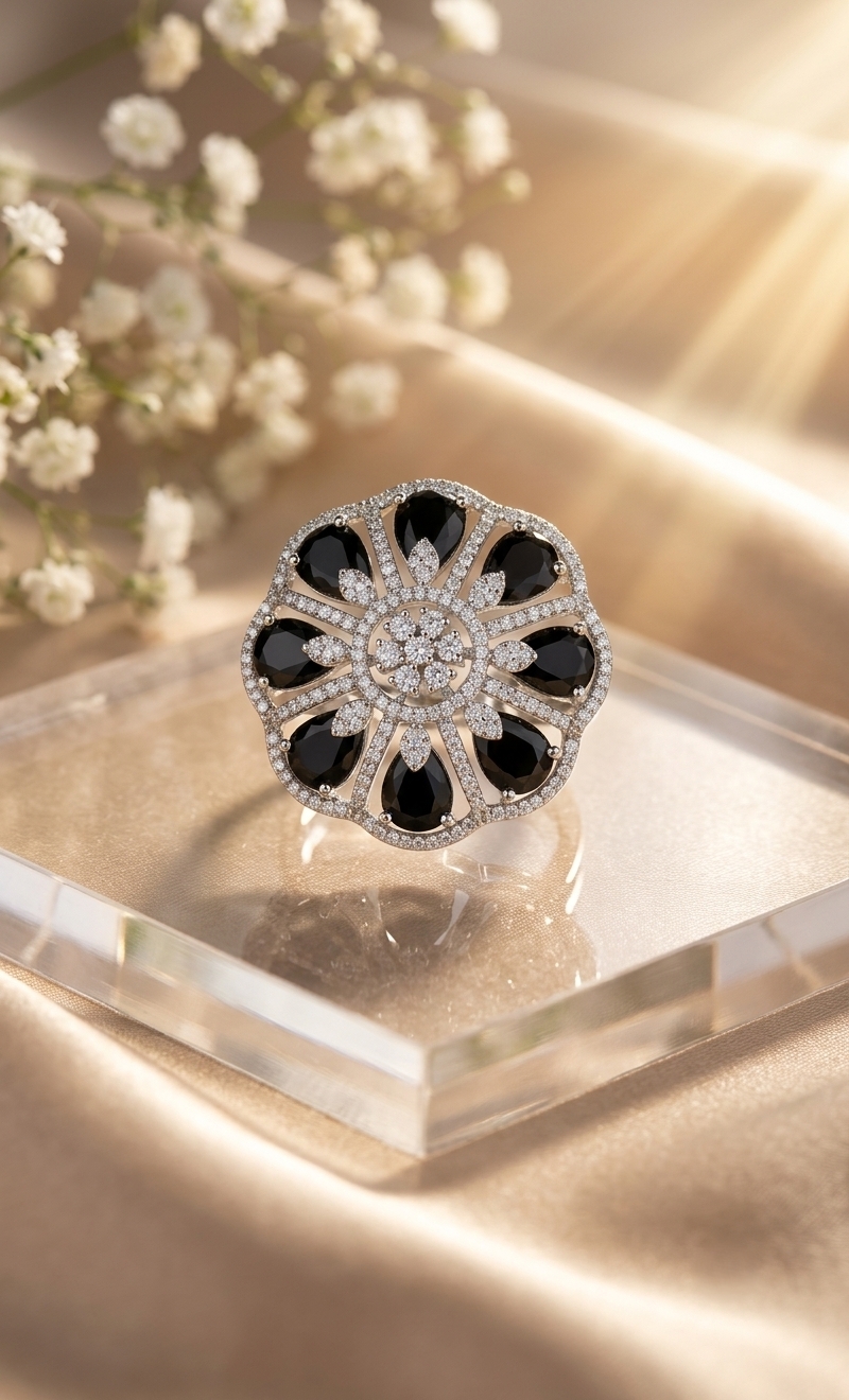 Jewel Wala Premium American Diamond Rhodium Plated Black Stone AdjustableFinger Ring - Image 3