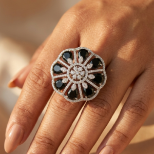 Jewel Wala Premium American Diamond Rhodium Plated Black Stone AdjustableFinger Ring