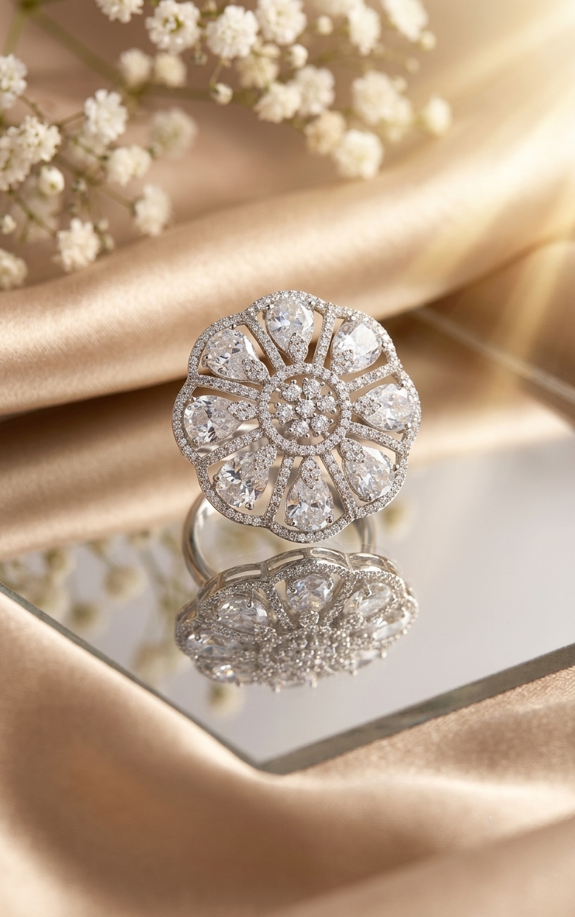 Jewel Wala Premium American Diamond Rhodium Plated Adjustable Finger Ring - Image 3