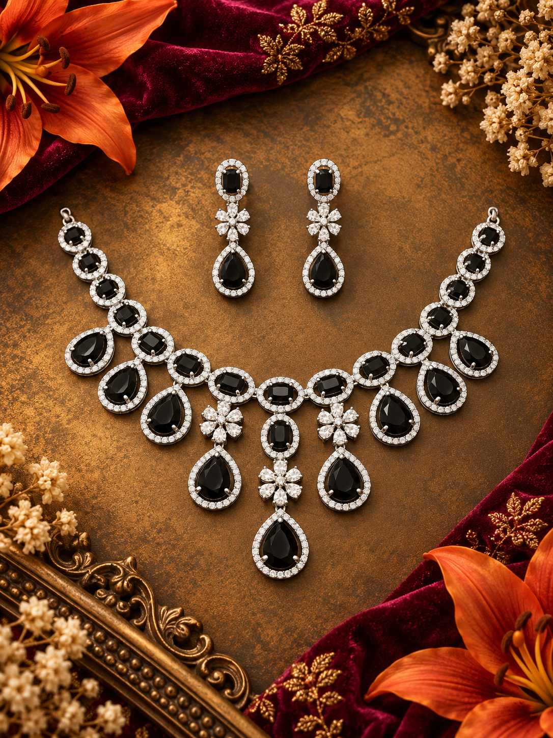 Jewel Wala American Diamond Rhodium Plated Black Stone Necklace Set - Image 3