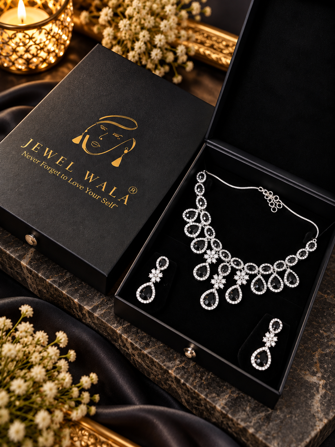 Jewel Wala American Diamond Rhodium Plated Black Stone Necklace Set - Image 2