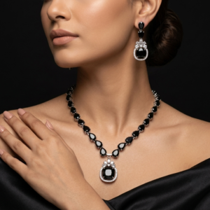 Jewel Wala American Diamond Rhodium Plated Black Stone Necklace Set