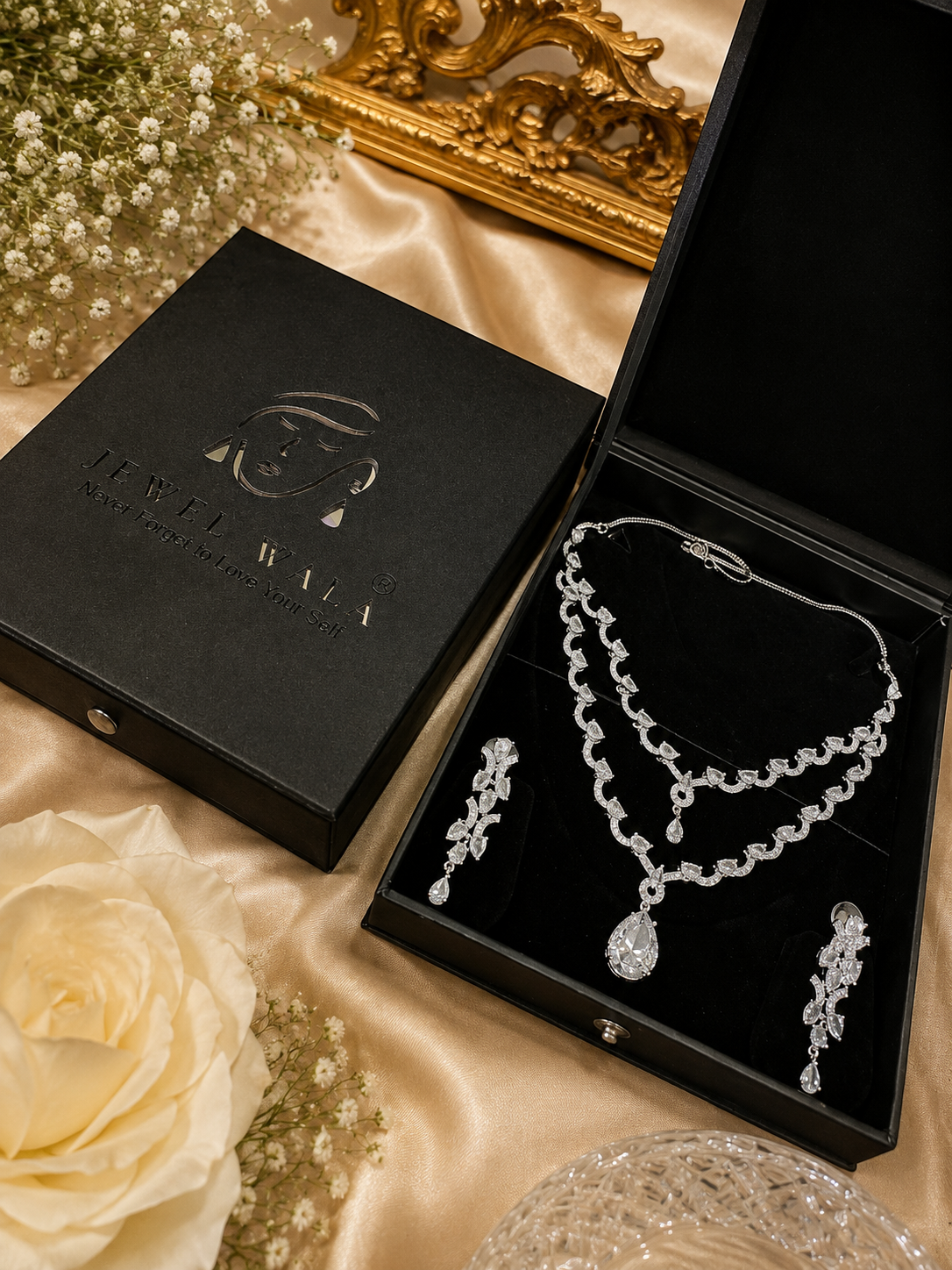 Jewel Wala American Diamond Rhodium Plated White Stone Necklace Set - Image 2
