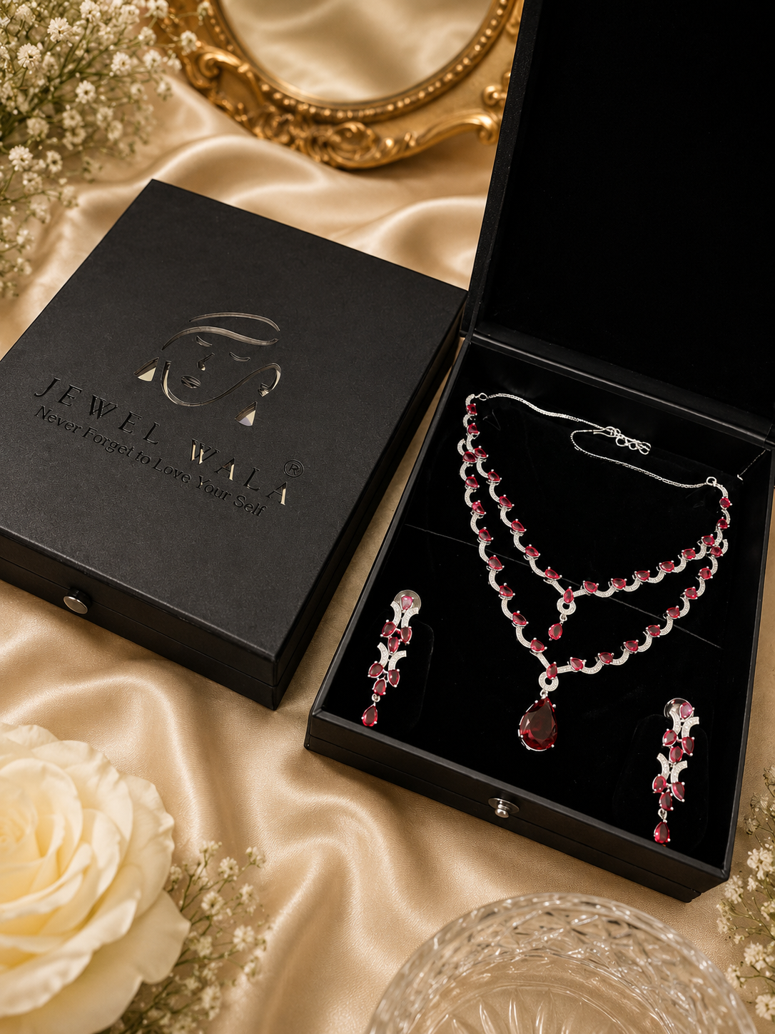 Jewel Wala American Diamond Rhodium Plated Red Stone Necklace Set - Image 2
