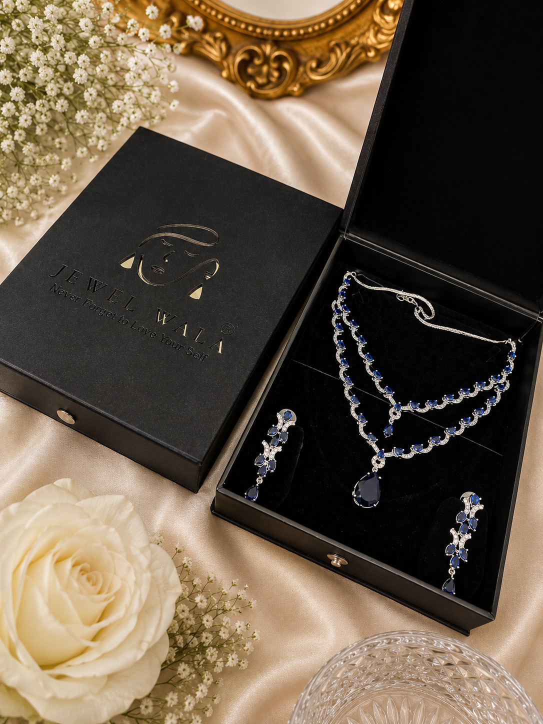 Jewel Wala American Diamond Rhodium Plated Blue Stone Necklace Set - Image 2