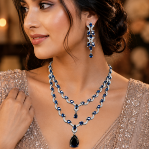 Jewel Wala American Diamond Rhodium Plated Blue Stone Necklace Set