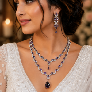 Jewel Wala American Diamond Rhodium Plated Purple Stone Necklace Set