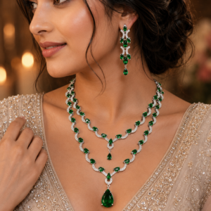 Jewel Wala American Diamond Rhodium Plated Green Stone Necklace Set