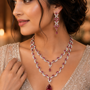Jewel Wala American Diamond Rhodium Plated Red Stone Necklace Set