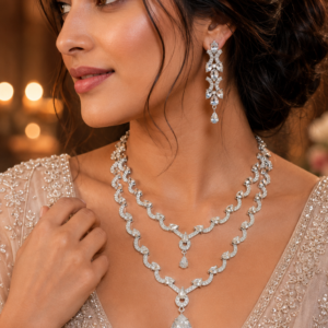 Jewel Wala American Diamond Rhodium Plated White Stone Necklace Set