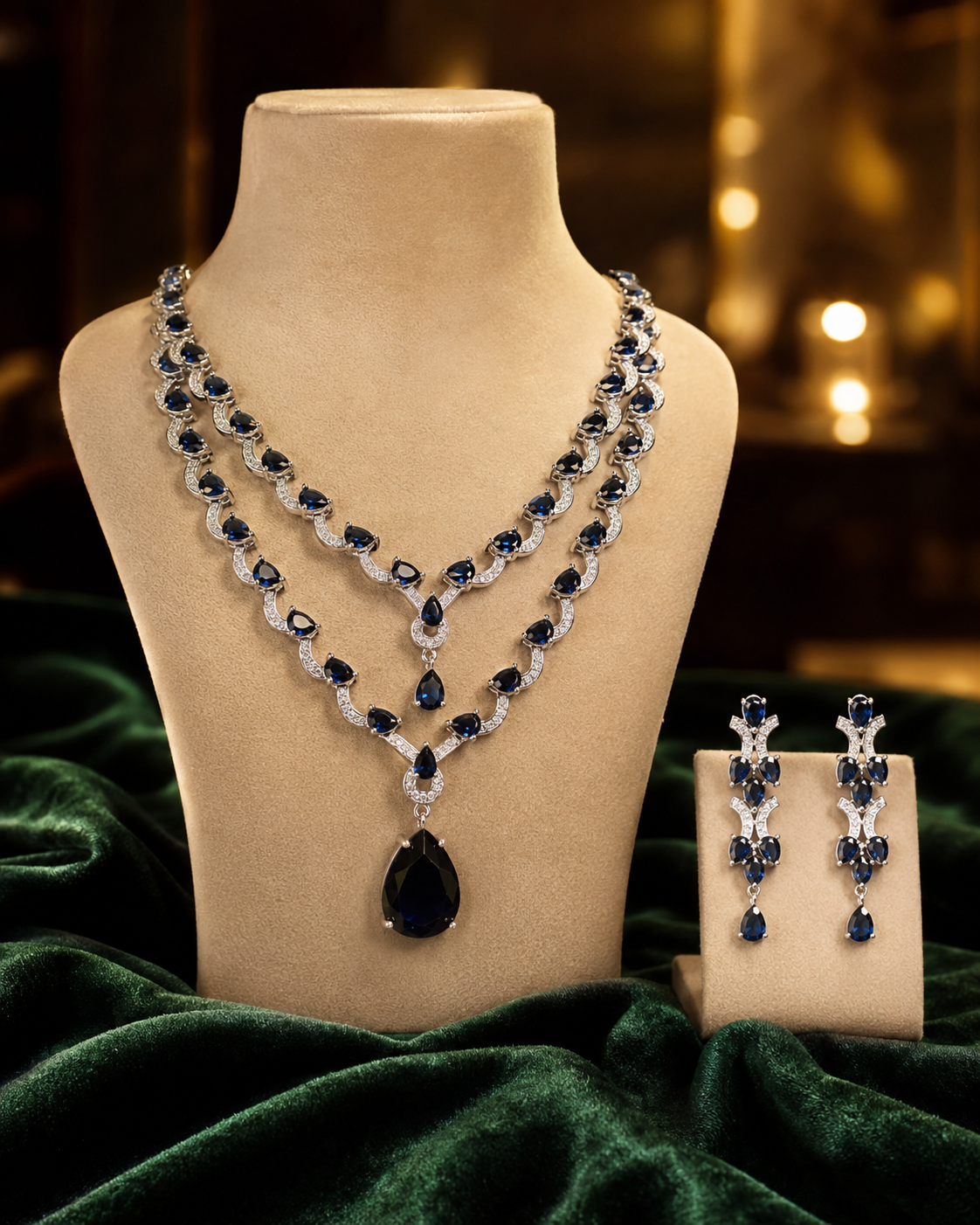 Jewel Wala American Diamond Rhodium Plated Blue Stone Necklace Set - Image 3
