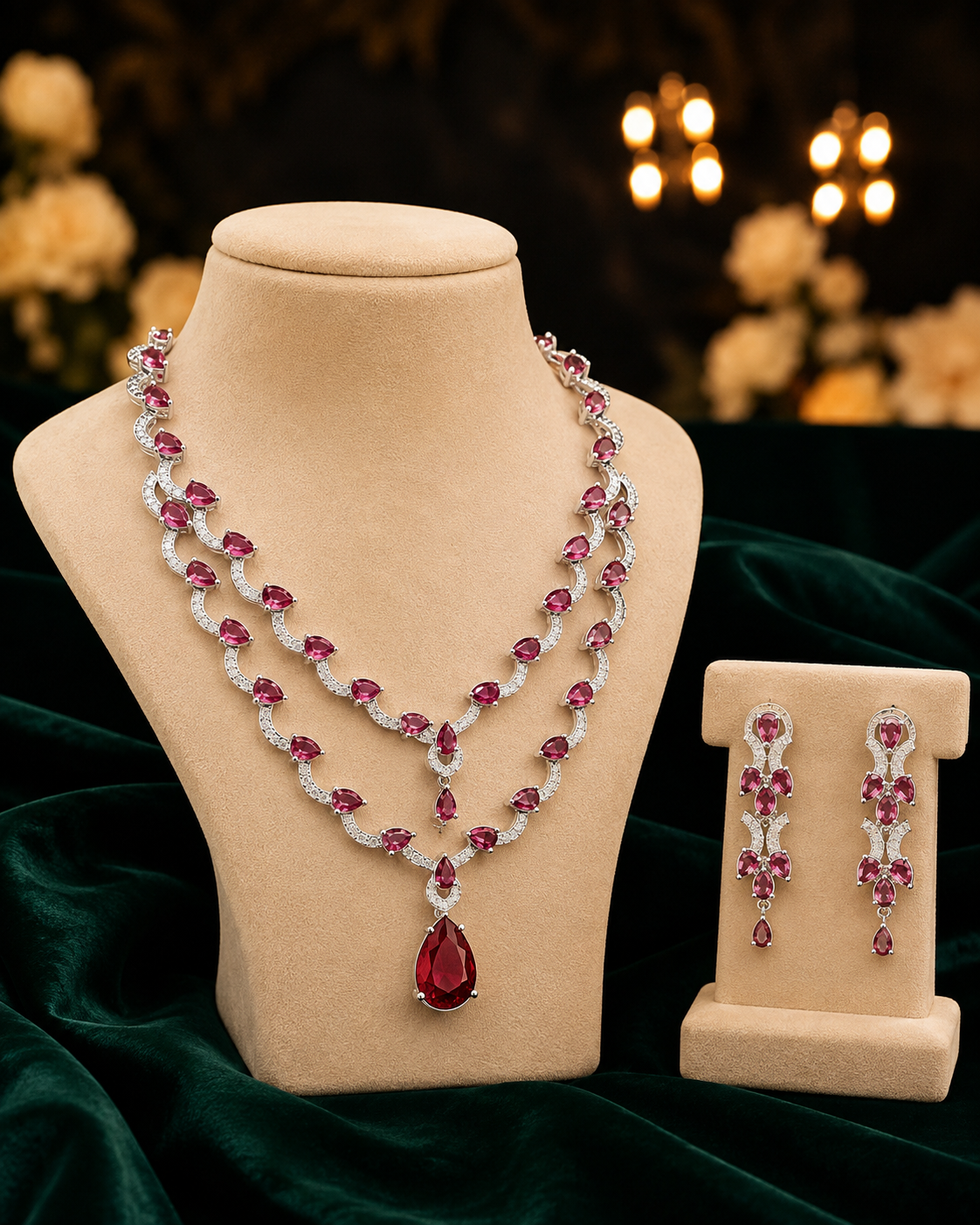 Jewel Wala American Diamond Rhodium Plated Red Stone Necklace Set - Image 3
