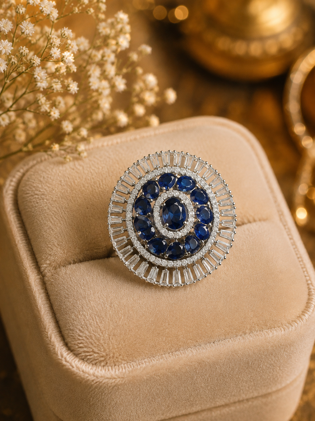 Jewel Wala American Diamond Rhodium Plated Blue Stone Adjustable Finger Ring - Image 3