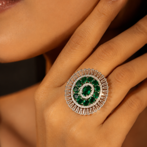 Jewel Wala American Diamond Rhodium Plated Green Stone Adjustable Finger Ring
