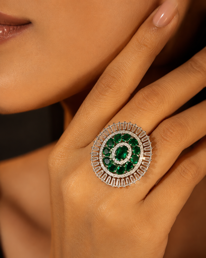 Jewel Wala American Diamond Rhodium Plated Green Stone Adjustable Finger Ring