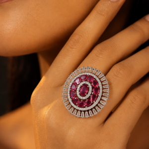 Jewel Wala American Diamond Rhodium Plated Red Stone Adjustable Finger Ring