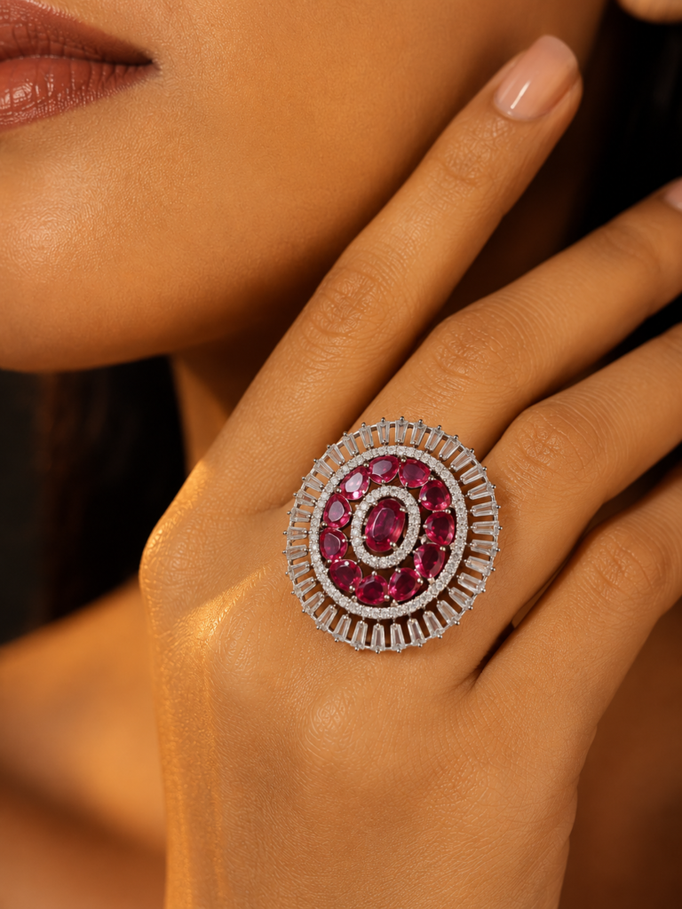 Jewel Wala American Diamond Rhodium Plated Red Stone Adjustable Finger Ring