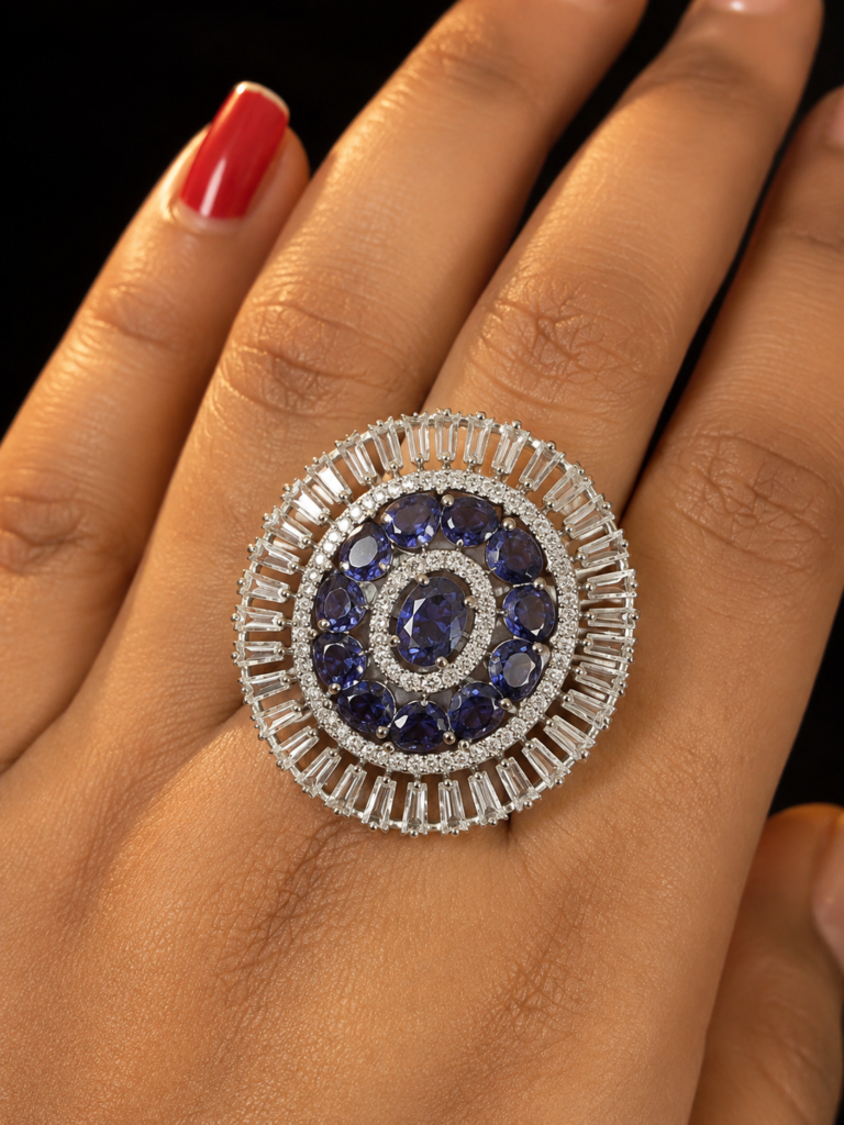 Jewel Wala American Diamond Rhodium Plated Purple Stone Adjustable Finger Ring