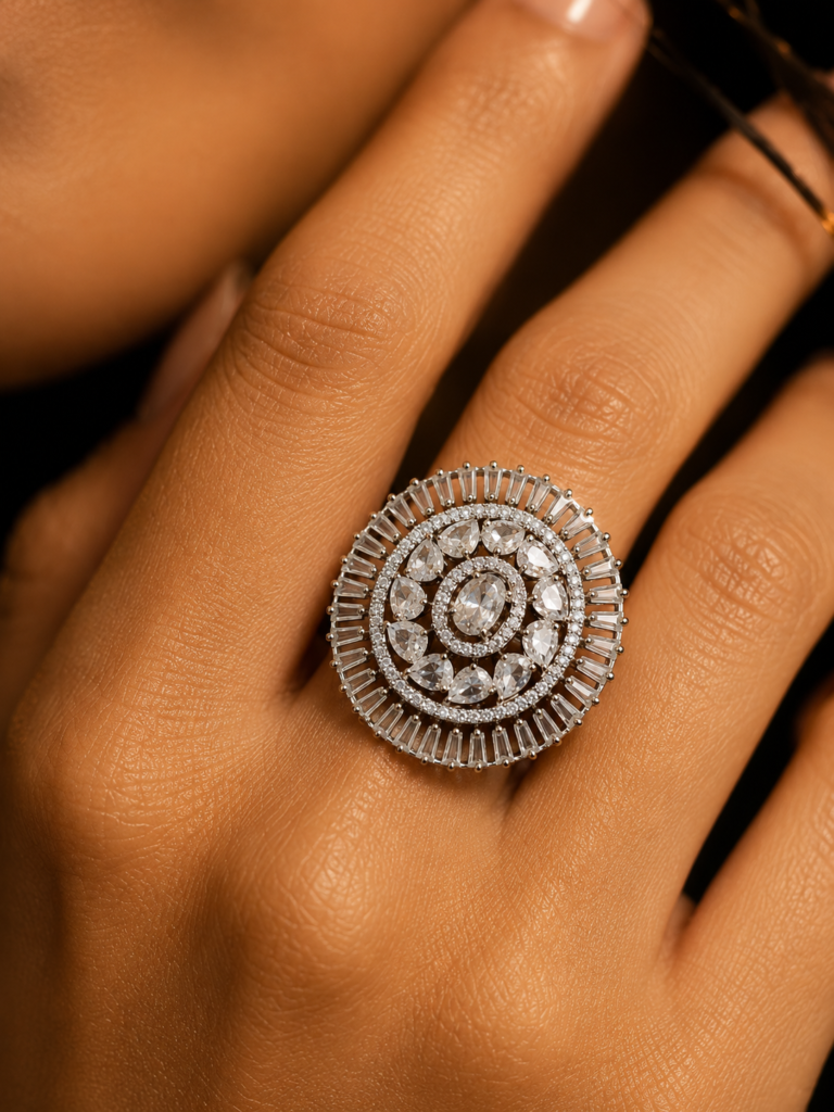 Jewel Wala American Diamond Rhodium Plated White Stone Adjustable Finger Ring