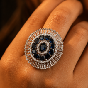 Jewel Wala American Diamond Rhodium Plated Blue Stone Adjustable Finger Ring
