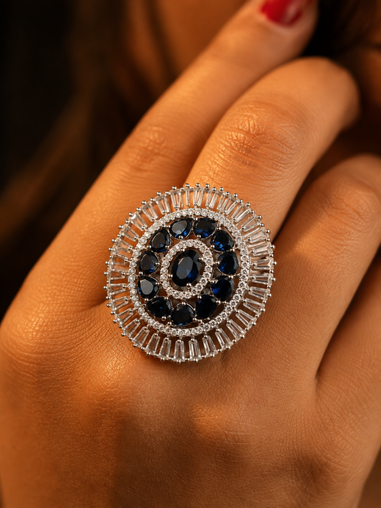 Jewel Wala American Diamond Rhodium Plated Blue Stone Adjustable Finger Ring
