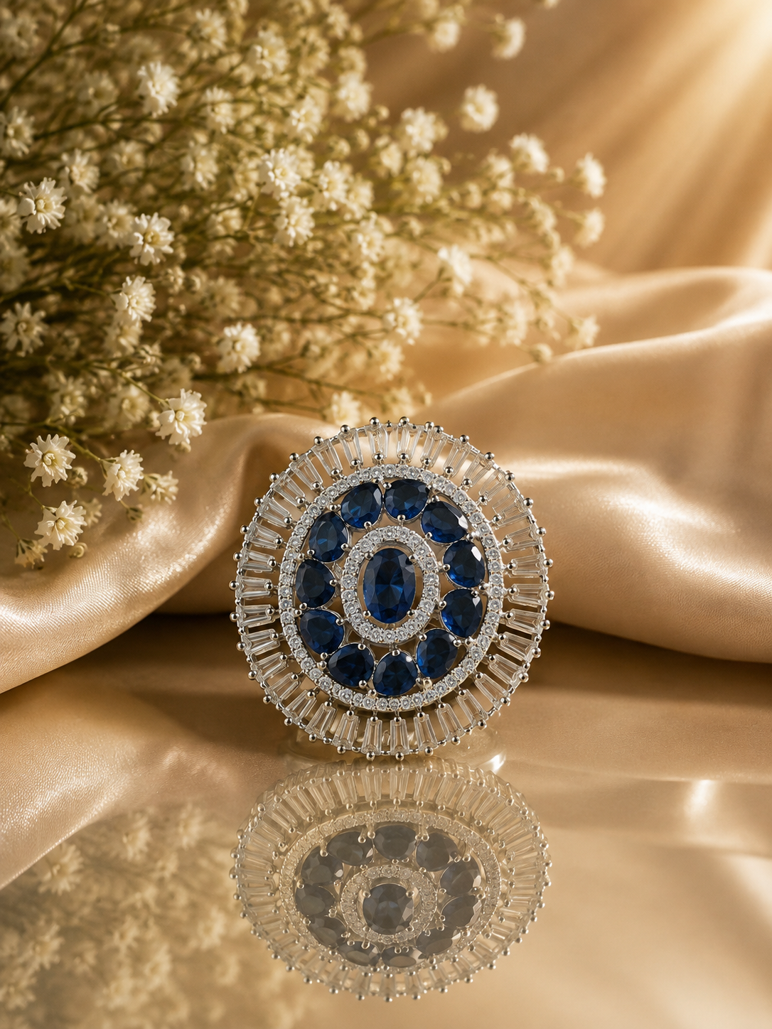 Jewel Wala American Diamond Rhodium Plated Blue Stone Adjustable Finger Ring - Image 4