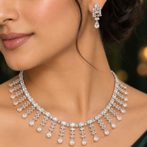 Jewel Wala American Diamond Rhodium Plated White Stone Necklace Set