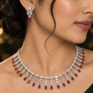 Jewel Wala American Diamond Rhodium Plated Red Stone Necklace Set