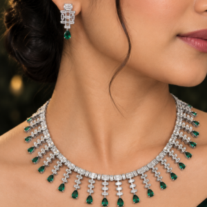 Jewel Wala American Diamond Rhodium Plated Green Stone Necklace Set