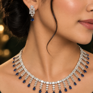 Jewel Wala American Diamond Rhodium Plated Blue Stone Necklace Set