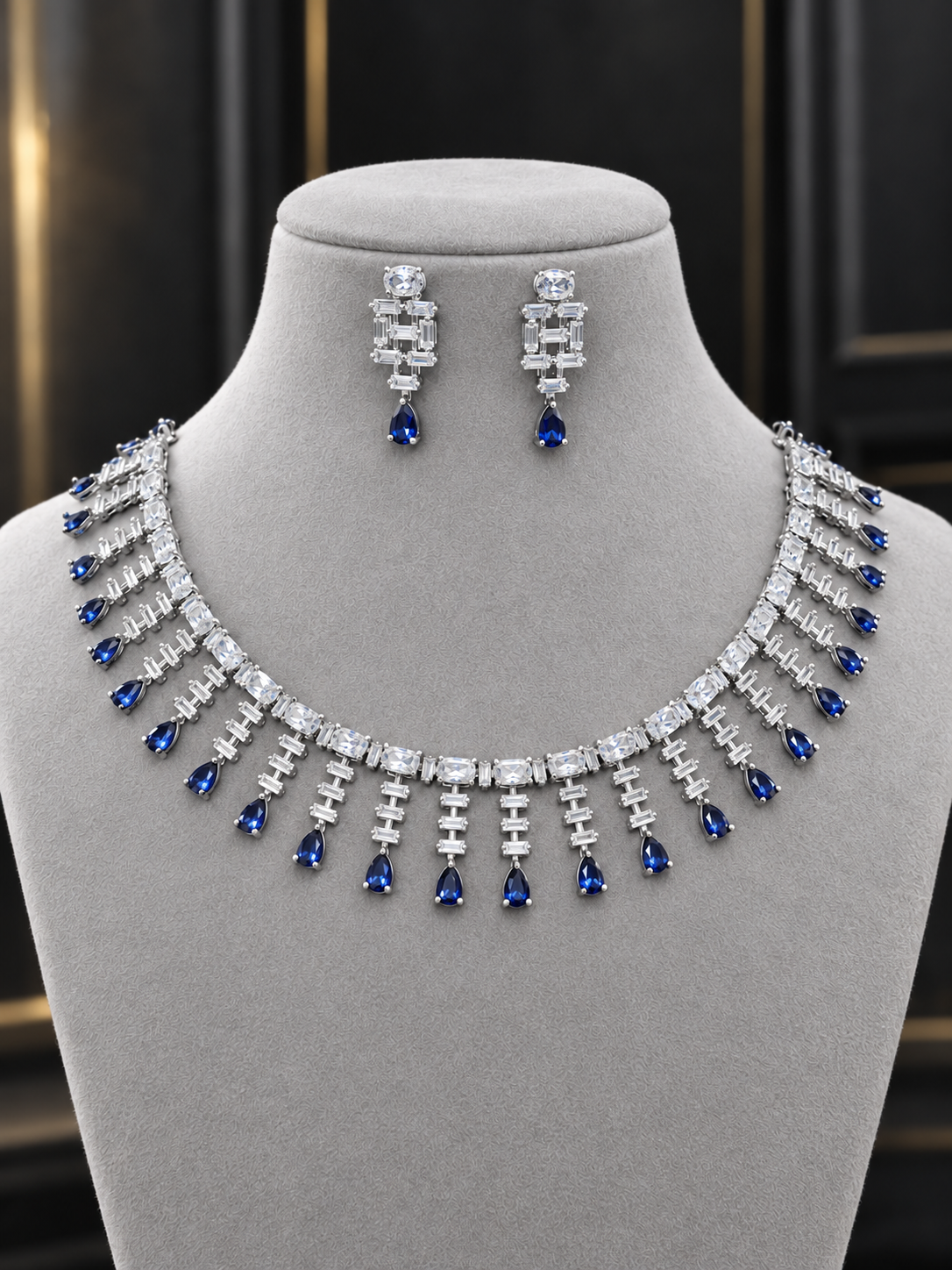 Jewel Wala American Diamond Rhodium Plated Blue Stone Necklace Set - Image 3