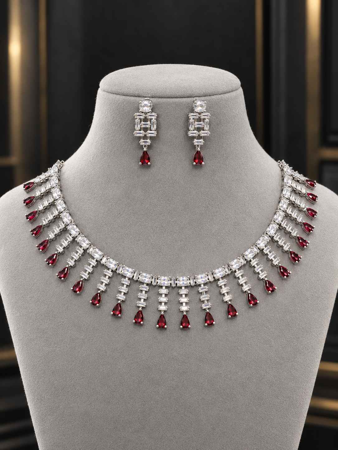 Jewel Wala American Diamond Rhodium Plated Red Stone Necklace Set - Image 3