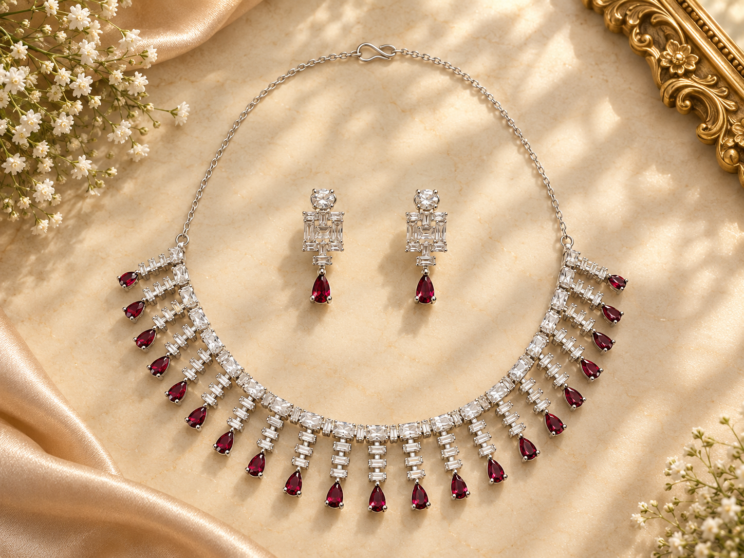 Jewel Wala American Diamond Rhodium Plated Red Stone Necklace Set - Image 2