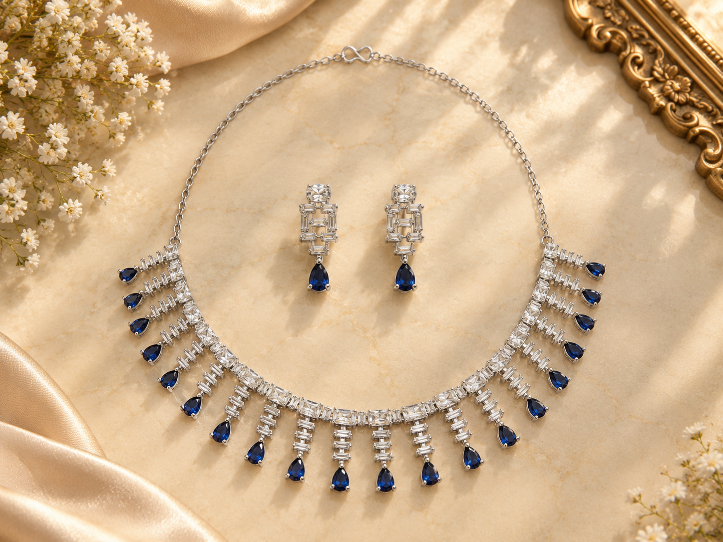 Jewel Wala American Diamond Rhodium Plated Blue Stone Necklace Set - Image 2