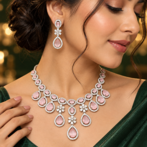 Jewel Wala American Diamond Rhodium Plated Pink Stone Necklace Set