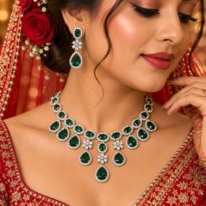 Jewel Wala American Diamond Rhodium Plated Green Stone Necklace Set